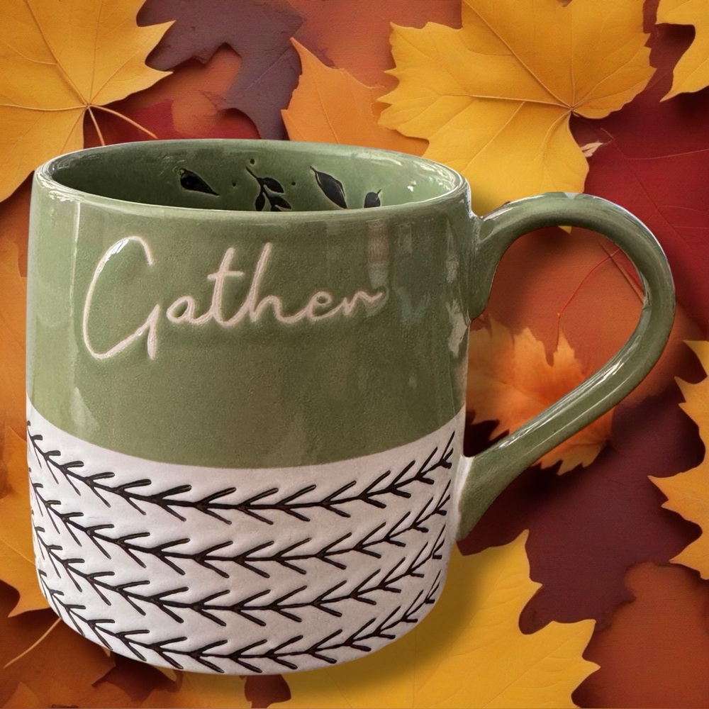 NEW Way to Celebrate 22 oz Sage Green “Gather” Earthenware-Ceramic Etched Mug
